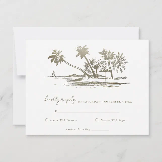 Tropical Beach Palm Tree Sketch Pale Gold Wedding RSVP Card | Zazzle