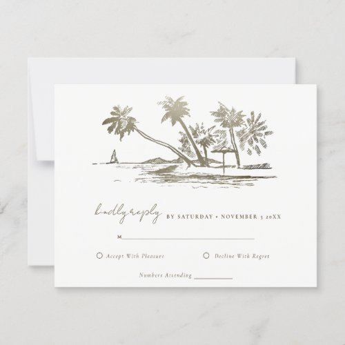 Tropical Beach Palm Tree Sketch Pale Gold Wedding RSVP Card