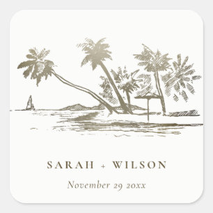 Tropical Beach Palm Tree Sketch Pale Gold Wedding Square Sticker