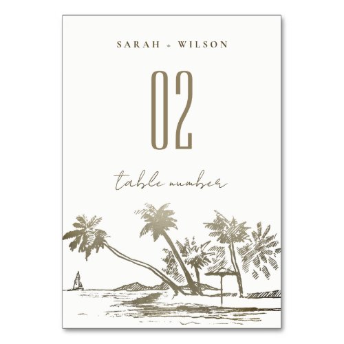 Tropical Beach Palm Tree Sketch Pale Gold Wedding Table Number