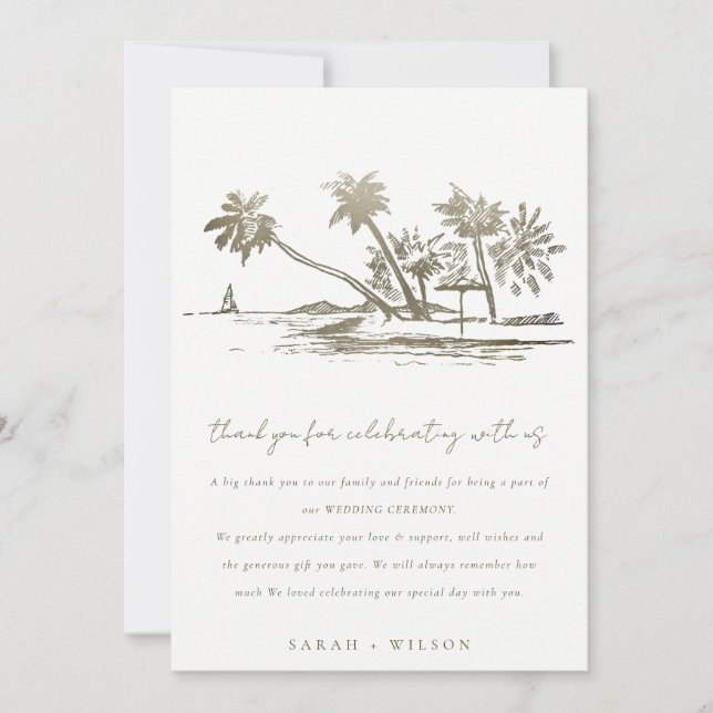 Tropical Beach Palm Tree Sketch Pale Gold Wedding Thank You Card (Front)