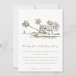 Tropical Beach Palm Tree Sketch Pale Gold Wedding Thank You Card