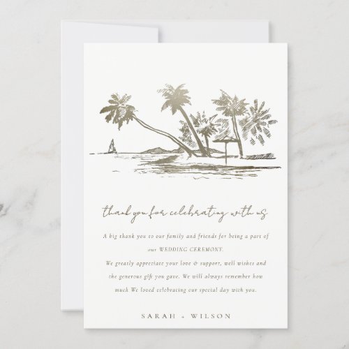 Tropical Beach Palm Tree Sketch Pale Gold Wedding Thank You Card