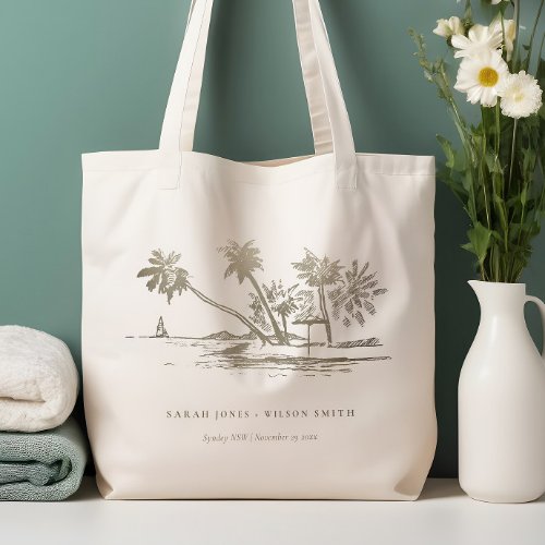 Tropical Beach Palm Tree Sketch Pale Gold Wedding Tote Bag