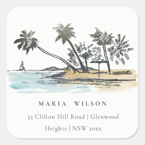 Tropical Beach Palm Tree Sketch Watercolor Address Square Sticker