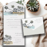 Tropical Beach Palm Tree Sketch Watercolor Wedding All In One Invitation<br><div class="desc">Tropical Coastal Palm Trees Sketch Watercolor Theme Collection.- it's an elegant script Sketchy watercolor Illustration of coastal paradise, beach palm trees, cottage- lively green in color, with the backdrop of dusky blue mountain range. Perfect for your Coastal Hawaiian & Mexican destination wedding & parties. It’s very easy to customize, with...</div>
