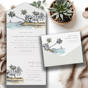 Tropical Beach Palm Tree Sketch Watercolor Wedding All In One Invitation