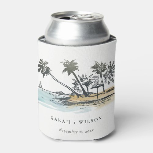 Tropical Beach Palm Tree Sketch Watercolor Wedding Can Cooler