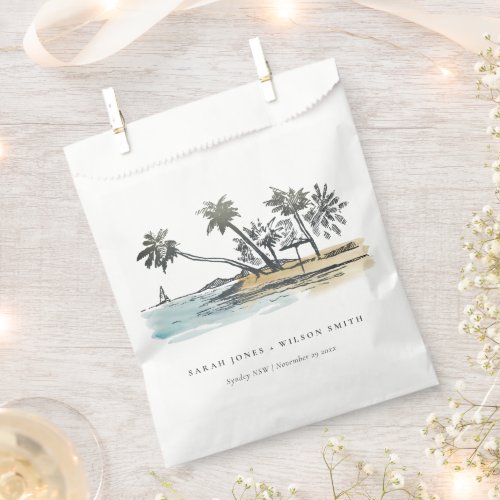 Tropical Beach Palm Tree Sketch Watercolor Wedding Favor Bag