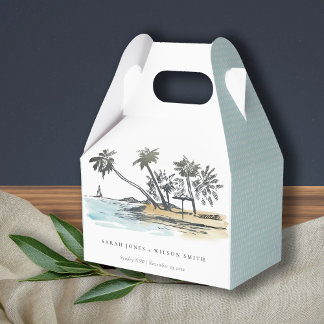 Tropical Beach Palm Tree Sketch Watercolor Wedding Favor Boxes