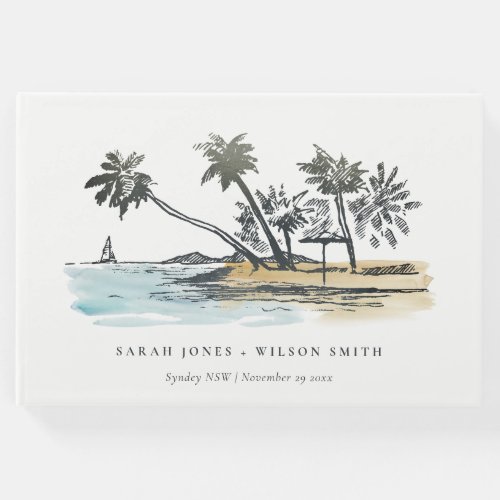 Tropical Beach Palm Tree Sketch Watercolor Wedding Guest Book