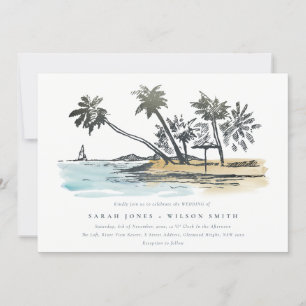 Tropical Beach Palm Tree Sketch Watercolor Wedding Invitation