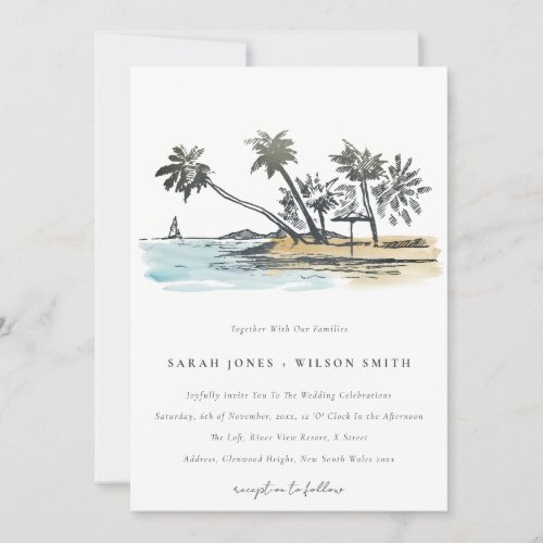 Tropical Beach Palm Tree Sketch Watercolor Wedding Invitation