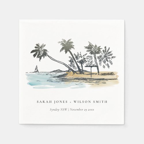 Tropical Beach Palm Tree Sketch Watercolor Wedding Napkins