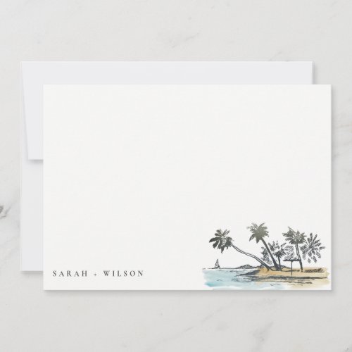 Tropical Beach Palm Tree Sketch Watercolor Wedding Note Card