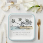 Tropical Beach Palm Tree Sketch Watercolor Wedding Paper Plates<br><div class="desc">Tropical Coastal Palm Trees Sketch Watercolor Theme Collection.- it's an elegant script Sketchy watercolor Illustration of coastal paradise, beach palm trees, cottage- lively green in color, with the backdrop of dusky blue mountain range. Perfect for your Coastal Hawaiian & Mexican destination wedding & parties. It’s very easy to customize, with...</div>