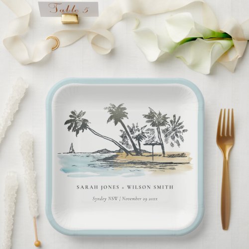 Tropical Beach Palm Tree Sketch Watercolor Wedding Paper Plates