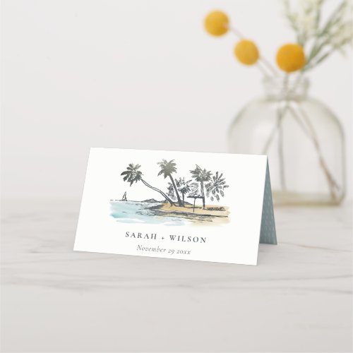 Tropical Beach Palm Tree Sketch Watercolor Wedding Place Card