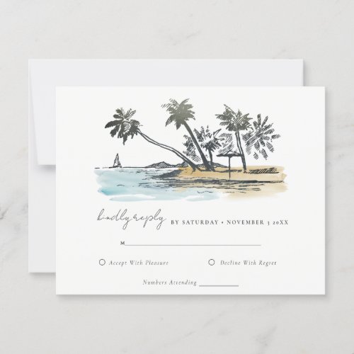 Tropical Beach Palm Tree Sketch Watercolor Wedding RSVP Card