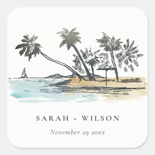 Tropical Beach Palm Tree Sketch Watercolor Wedding Square Sticker