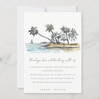 Tropical Beach Palm Tree Sketch Watercolor Wedding Thank You Card