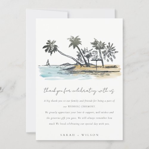 Tropical Beach Palm Tree Sketch Watercolor Wedding Thank You Card