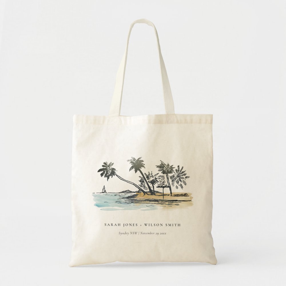 Tropical Beach Palm Tree Sketch Watercolor Wedding Custom Bridesmaid Gift Tote Bag