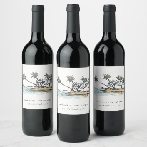 Tropical Beach Palm Tree Sketch Watercolor Wedding Wine Label