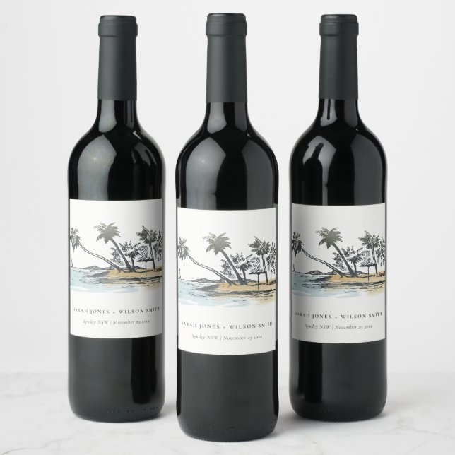 Tropical Beach Palm Tree Sketch Watercolor Wedding Wine Label (Bottles)