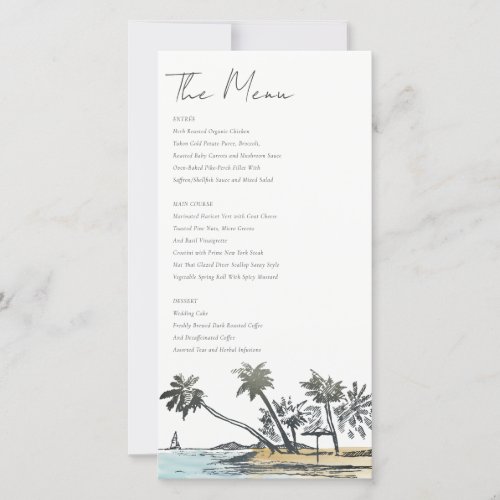 Tropical Beach Palm Tree Sketch Wedding Menu Card