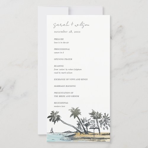 Tropical Beach Palm Tree Sketch Wedding Program