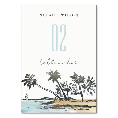 Tropical Beach Palm Tree Sketch Wedding Watercolor Table Number