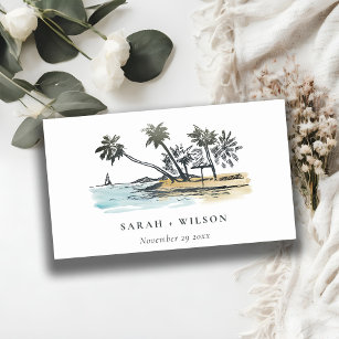 Tropical Beach Palm Tree Sketch Wedding Website Enclosure Card