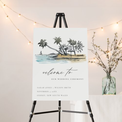 Tropical Beach Palm Tree Sketch Wedding Welcome Foam Board