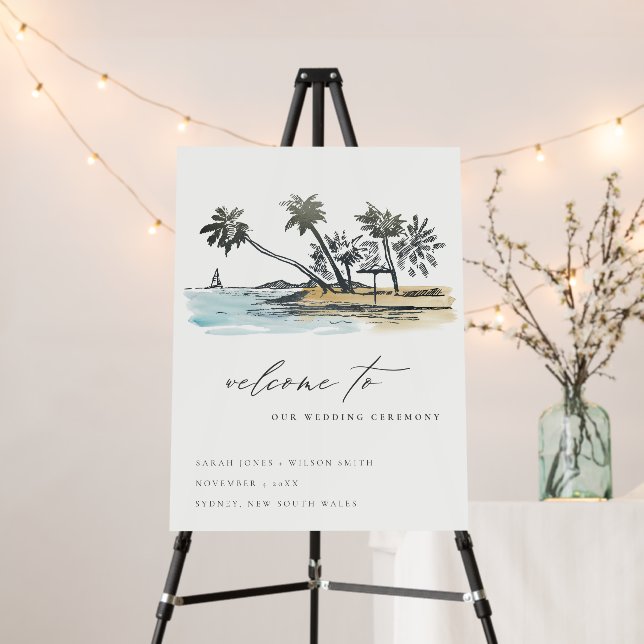 Tropical Beach Palm Tree Sketch Wedding Welcome Foam Board (In Situ (Stand))