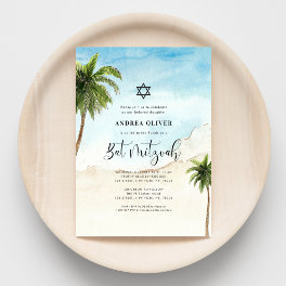 Tropical Beach Palm Tree Star of David Bat Mitzvah Invitation