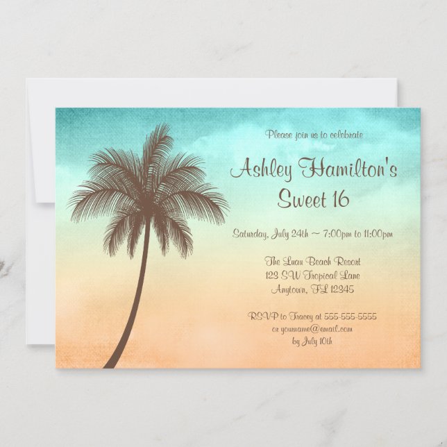 Tropical Beach Palm Tree Sweet 16 Invitation (Front)