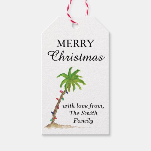Tropical Beach Palm Tree Watercolor Christmas Art Gift Tags