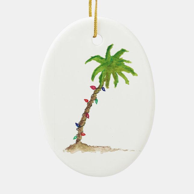 Tropical Beach Palm Tree Watercolor Christmas Ceramic Ornament (Back)