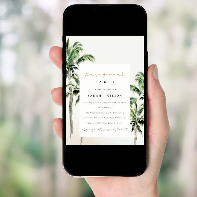 Tropical Beach Palm Tree Watercolor Engagement Invitation (Front Digital)