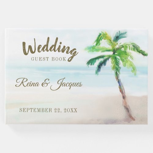 Tropical Beach Palm Tree Watercolor Wedding Guest Book