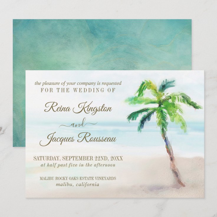 Tropical Beach Palm Tree Watercolor Wedding Invitation | Zazzle