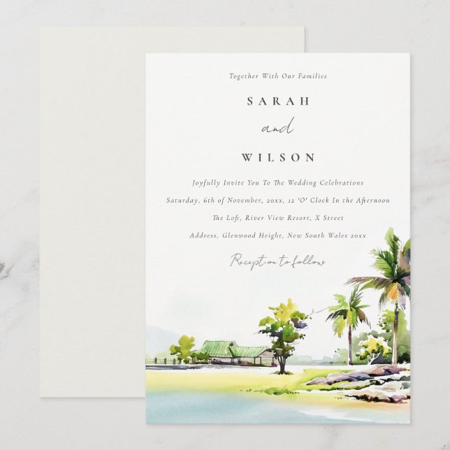Tropical Beach Palm Tree Watercolor Wedding Invite (Front/Back)