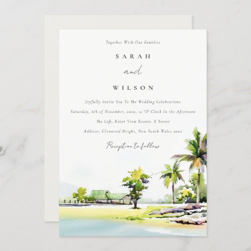 Tropical Beach Palm Tree Watercolor Wedding Invite