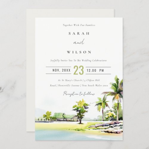 Tropical Beach Palm Tree Watercolor Wedding Invite
