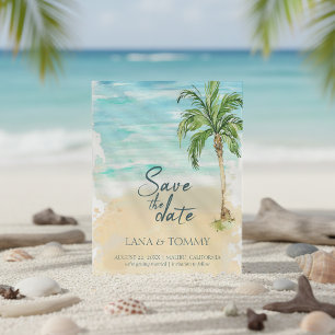Tropical Beach Palm Tree Watercolor Wedding Save The Date