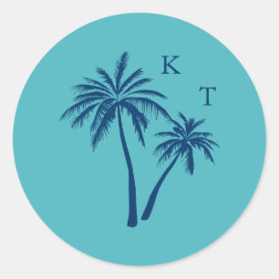 Tropical Beach Palm Tree Wedding Monogram Classic Round Sticker