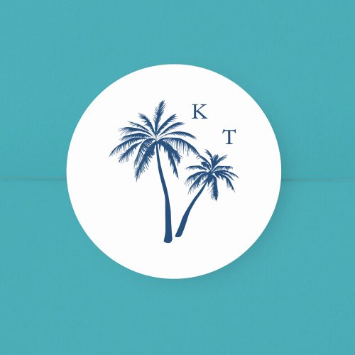 Tropical Beach Palm Tree Wedding Monogram Classic Round Sticker