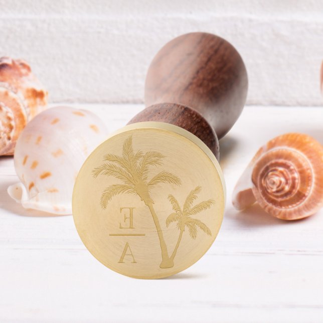 Tropical Beach Palm Tree Wedding Monogram Wax Seal Stamp (Creator Uploaded)