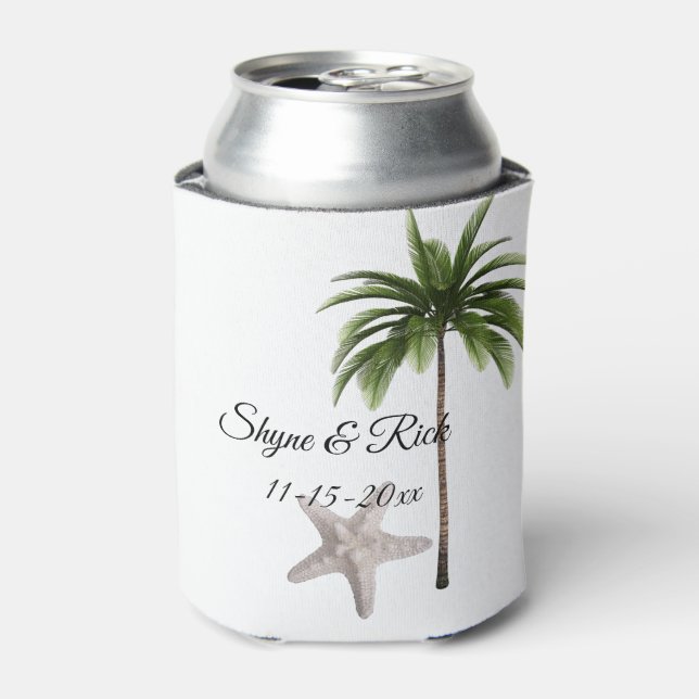 Tropical Beach Palm Tree Wedding Reception Favor Can Cooler (Can Front)